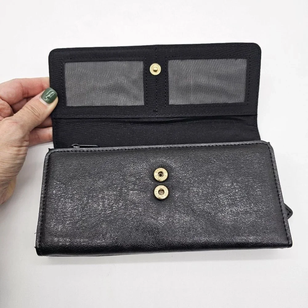 Tahari Tri Fold Wallet Black Faux Leather Credit Card Slots Vintage Snap Button